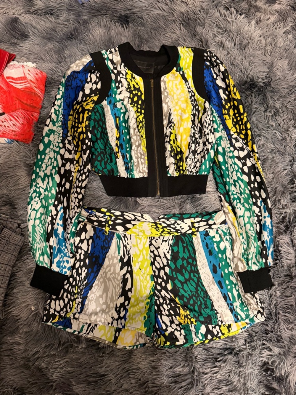 Vibrant Abstract Print Two-Piece Set - Crop Jacket & Shorts